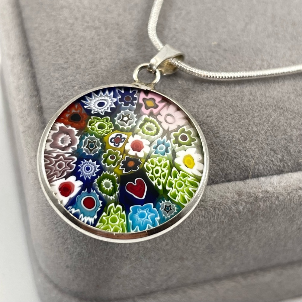 Millefiori Murano Glass Italy Sterling Silver Ladies Pendant With 18 Inch Chain